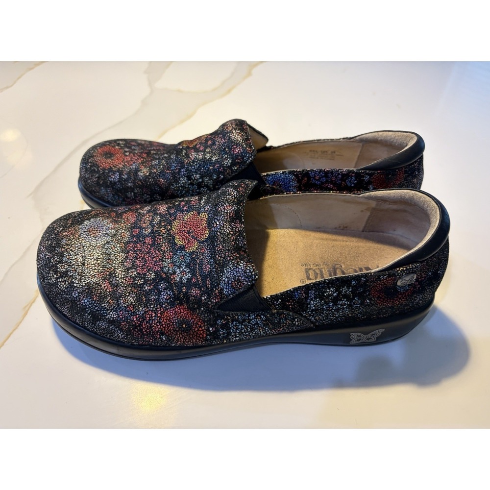 Alegria KEL-323 Women Black Floral Leather Slip-On Shoes Clogs Size 39 /US 8.5-9